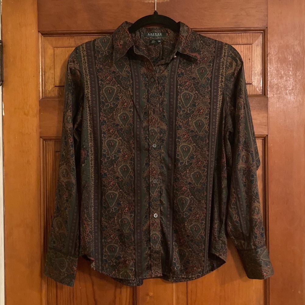 Ralph Lauren Womens PM Petite Dark Academia Paisley Button Down Shirt Blouse